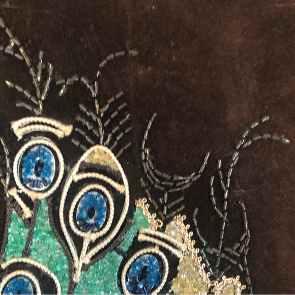 Vintage MCM Peacock on Brown Velvet Gravel Art - Picture 10 of 14